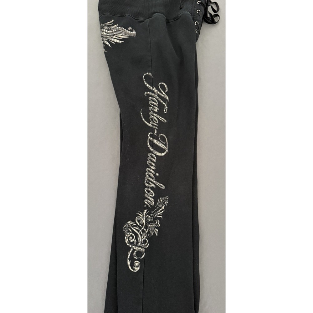 Harley-Davidson Sweatpants Womens Small Black Flare Lounge Graphic Y2K 2000s - Picture 12 of 16